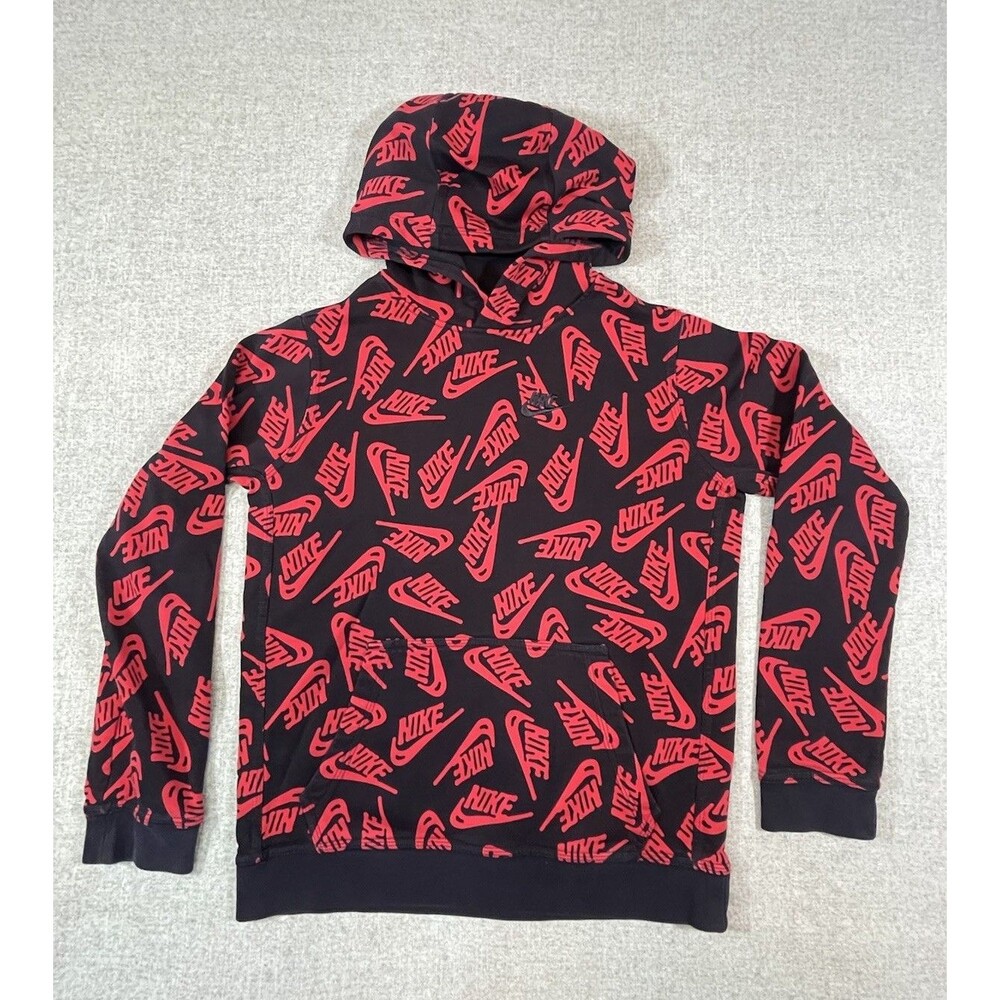 Nike All Over Print Logo Hoodie Black Red All Over Logo Kids Size Youth XL